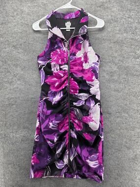 Cache Dress Womens 4 Purple Floral Zip Front Ruched Sleeveless Bodycon Sheath